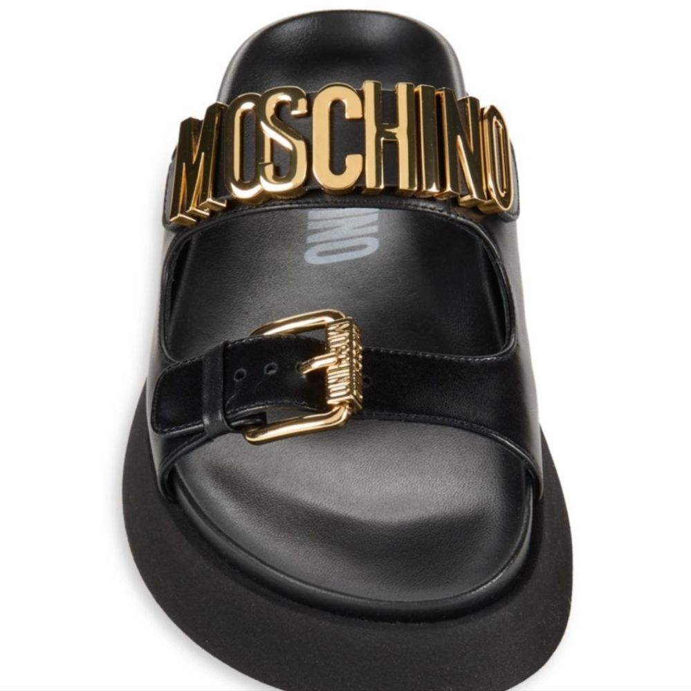 Moschino Ladies Black Slides with Gold Buckle